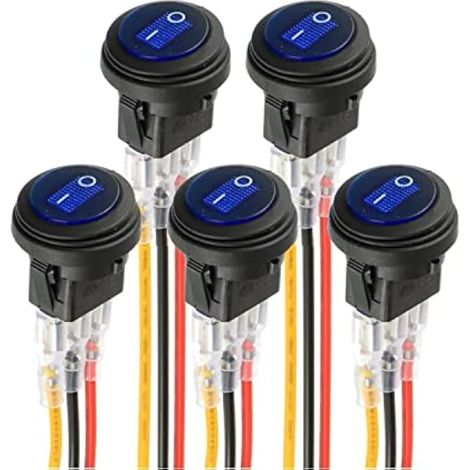 bleu LED interrupteur rond électroluminescent KCD1-8 interrupteur à bascule étanche 12V 20A marine et divers éclairage étanche à 3 broches avec commande par fil (5pcs) (1/5)