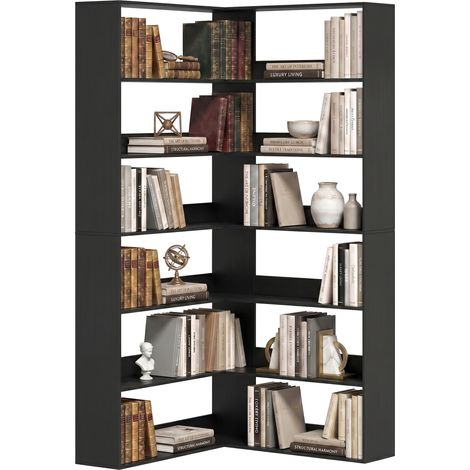 Corner Bookcase, 7 Tiers, 90 x 90 x 180 cm, Black Wood Effect (1/5)
