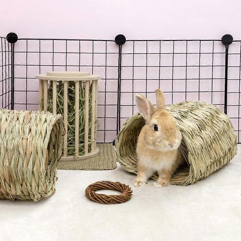 Lit d'herbe pour lapin, maison en paille naturelle tressée, tunnel pour lapin, jouets à mâcher pour hamsters (1/4)