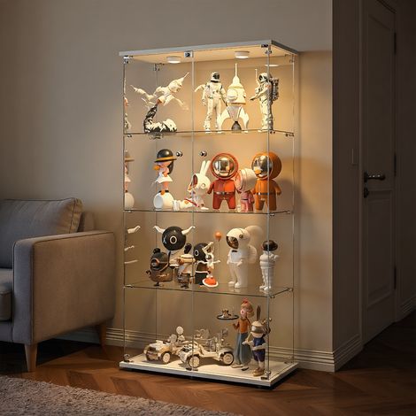 HYTKKBD - Vitrine en Verre avec Éclairage LED,2 Portes,4 Étagères,Vitrine pour Collection,Dimensions 164x80x36 cm,Vitrine Salon,Verre Trempé sur Miroir,Blanc