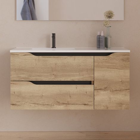 Meuble sous vasque seul, 2 tiroirs et 1 porte, 100cm, pour vasque déportée gauche - madera miel (bois clair) - ZARZA