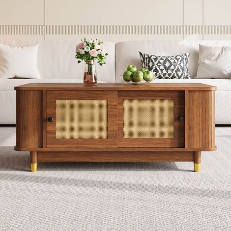 Table basse en bois 100 x 50 x 42 cm Table de salon avec portes coulissantes en rotin angles arrondis MDF Noyer (1/5)