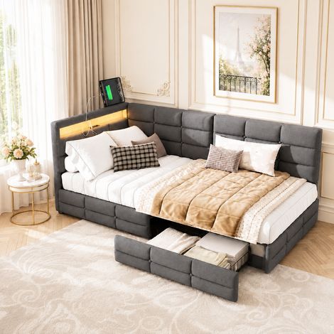 Canapé-lit adulte avec sommier à lattes en bois - Lit capitonné 90 x 200 cm avec 2 tiroirs - Lit coffre simple 90 x 200 cm - LED et ports USB - Lin gris (1/5)