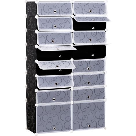 Armoire à chaussures modulable 14+2 cubes Noir Blanc 95x37x160 cm