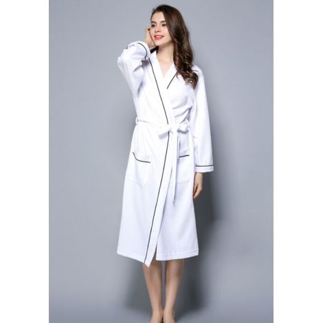 Peignoir femme léger en coton gaufré pour spa et sauna – Confort optimal après le bain – Manches 3/4 – Blanc L