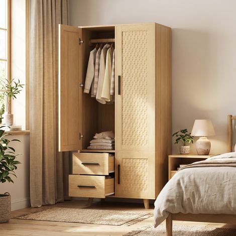 Armoire chambre en rotin, avec penderie, 3 portes, 2 tiroirs, pieds en bois massif, couleur chêne, 80x52x166 cm