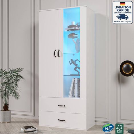 Vitrine haute 59,9 x 35 x 182 cm avec 2 portes, 2 tiroirs, étagères en verre, LED, buffet, pour salon/bureau, aggloméré, blanc (1/5)