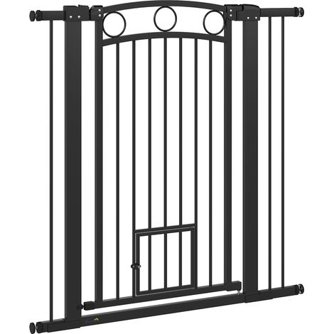 Barrière pour animaux de compagnie de 106 cm de haut, largeur réglable, chatière intégrée, pour escaliers et cadres de porte, noire (1/5)