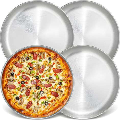 Plaque Pizza, Lot de 4 Plaques à Pizza Rondes 26cm en Acier Inoxydable, Argent, Facile à Nettoyer, Passe au Lave-Vaisselle, Pour Cuisson au Four (1/5)