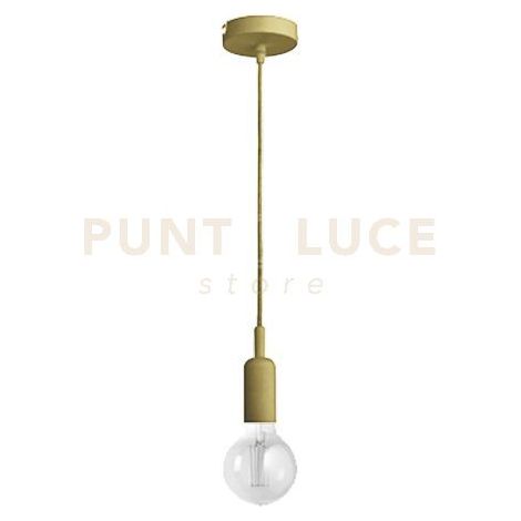 GSO092- PENDENTE FLASH CAVO IN STOFFA E ROSONE OTTONE 1 LUCE ATTACCO E27 D.4,6CX7,6M