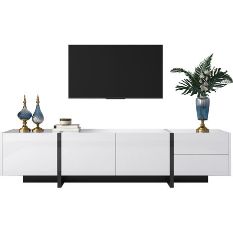 Meuble TV lowboard avec pieds color block blanc brillant et noir, portes avec étagères et tiroirs, design aux lignes épurées