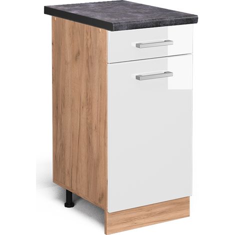 Mueble bajo de cocina R-Line, Blanco alto brillo, 40 cm , ET Antracita, Vicco