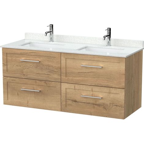 Stonnall Traditional Wall Hung 4 Drawer Vanity Unit with Laminate Worktop, 1200mm, Autumn Oak (1/4)