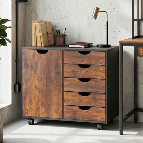 Meuble de rangement pour bureau, 5 tiroirs 1 porte étagère réglable, support imprimante sur roulettes, 78x40x66.5cm, marron