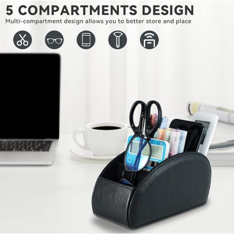Organizzatore per telecomandi - 5 scomparti - Porta telecomandi - Ecopelle - Universale - Compatibile con telecomandi TV, termostati, lettori multimediali, pennelli per il trucco - Nero (1/5)
