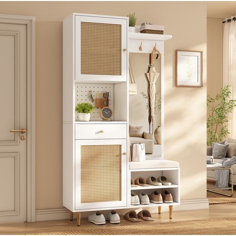 MODFU – Ensemble entrée 99x35x180 cm panneaux particules – Banc, miroir et patères – Portes rotin et anti-basculement – Entrée – Blanc/naturel (1/5)