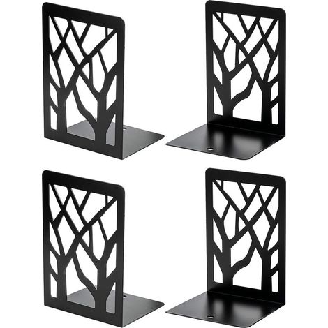 Serre-livres en métal robuste, motif arbre, pour livres et CD, décoratif pour la maison, 12 x 9 x 17,5 cm, noir, 2 paires/4 pièces (1/4)