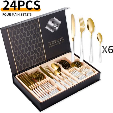 Service de 24 couverts en acier inoxydable – pour 6 personnes – acier inoxydable – or blanc