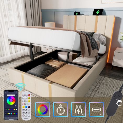 Polsterbett USB Type C Ladefunktion APP-Control LED Einzelbett  Stauraumbetten Bettgestell, Lattenrost aus Holz,Leinenmaterial (Ohne Matratze)