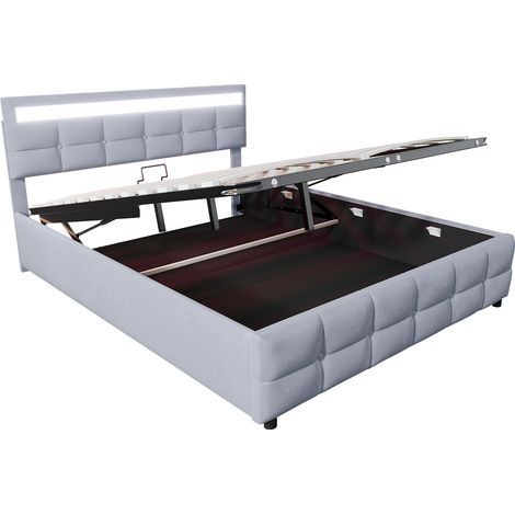 Lit 2 places 180x200cm avec tête de lit LED, sommier intégré, mécanisme hydraulique, velours hollandais gris, literie complète moderne. (1/5)