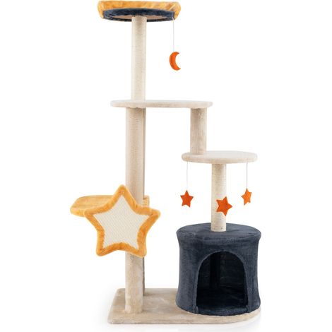 Albero per gatti carino da 128cm da interno con tiragraffi in sisal gattiera, Torre multi-livello per gatti (1/4)