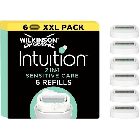Intuition 2-en-1 Sensitive Care Recharges de lames de rasoir pour femmes, épilation, enrichies à l’aloe vera, rasoir pour la routine de soin, pack de 6 recharges (1/5)