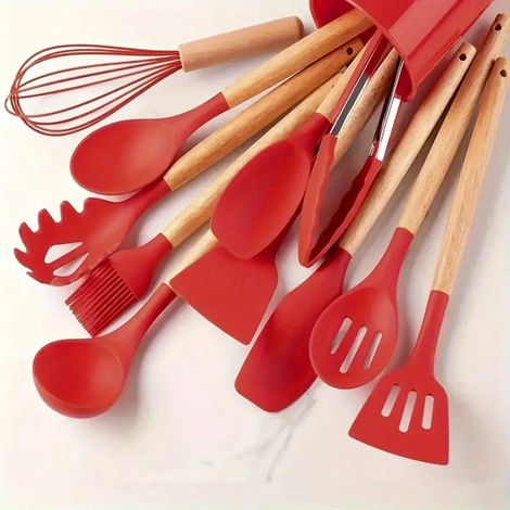 Ensemble d'ustensiles anti-adhésifs 12 pièces, ensemble d'ustensiles de cuisine en silicone, poignées en bois, sûrs, faciles à nettoyer, parfaits pour la cuisine et la pâtisserie, 600g. (1/4)