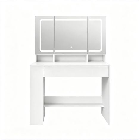 Coiffeuse blanche avec miroir LED dimmable et rangements 90x40x135 cm (1/5)