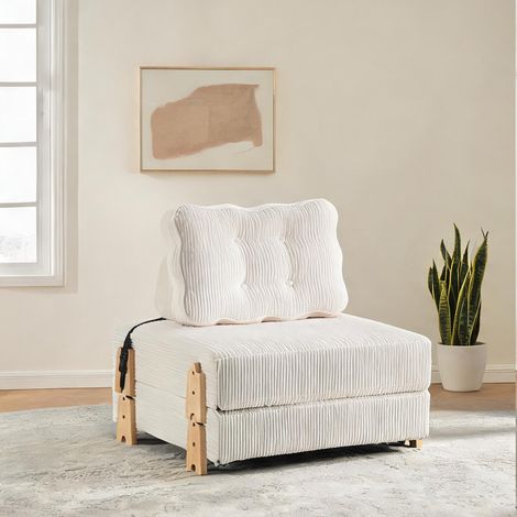 Fauteuil convertible en velours côtelé beige avec piètement (1/5)