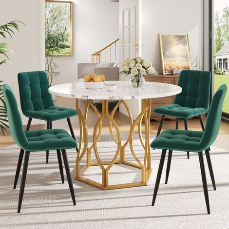Ensemble Salle à Manger 5 Pièces - Table Ronde Ø100cm Blanc & Pieds Or + 4 Chaises Velours Vert Foncé Style Moderne (1/5)