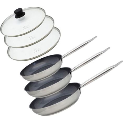 Set aus 3 Induktionspfannen mit Glasdeckeln - ELO - Professional - Edelstahl 18/10 ELODUR® - Ø 24-28 und 32 cm (1/4)