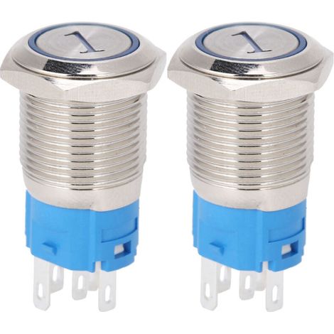 2 interrupteurs poussoirs momentanés 16mm à LED bleue, 5 broches, avec chiffre 1, 3-6VDC, plat et rond (1/5)