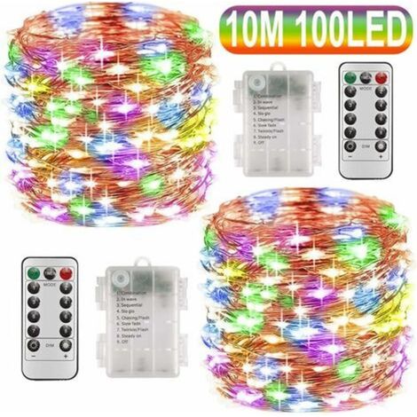 Christmas Decoration, Room Decoration, Lighting, Copper Wire String Lights + Waterproof Battery Box + Remote Control, 10 Meters, 100 Lights, 2 Pieces, Colorful (1/4)