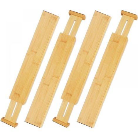Séparateurs de tiroirs réglables en bambou, ensemble de 4, avec étagères extensibles (43-56 cm), parfaits pour organiser l'espace de rangement à la maison et au bureau.