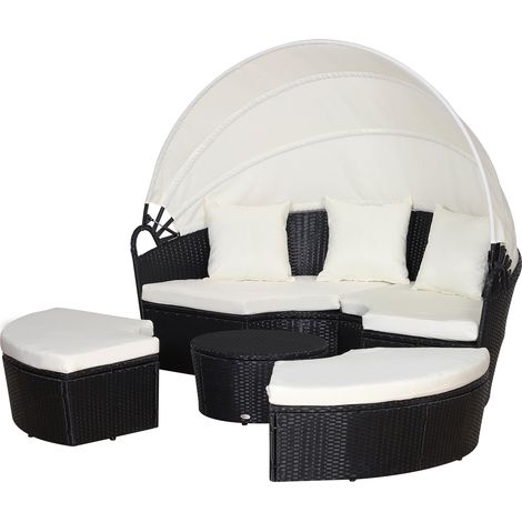 Set Salotto da Giardino in Rattan Divano Circolare con Tettuccio  Nero e Beige (1/5)