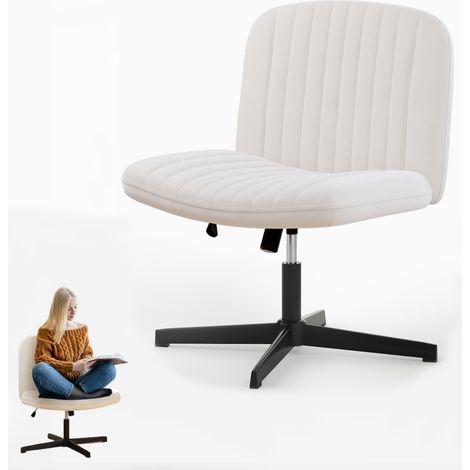 Office chair no wheels Bigzzia Armless office chair Cross legged desk chair Velvet Fabric chair height adjustable swivel computer Chair Beige