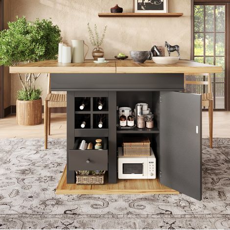 Mesa extensible 110-140 x 80 cm con almacenaje, cajones y botellero negro y natural DESVIAE (1/5)