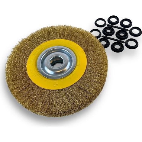 Brosse circulaire LAITON Ø 250 mm Epaisseur 3 rangs Fil dur 0.30 mm ondulé Alésage 32 mm + réducteur bague 25/22/20/16/12 mm Touret meuleuse affûteuse ponceuse Kibros 231253LT (1/5)