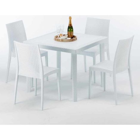 Weiß Quadratisch Tisch und 4 Stühle Farbiges Polypropylen-Außenmastenset Grand Soleil Bistrot Love - Weiß
