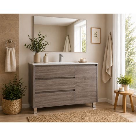 Badmöbel Set VOLUM Vormontiert 3 Schubladen und Tür, Waschbecken und Spiegel Eiche smoky 120x45 cm