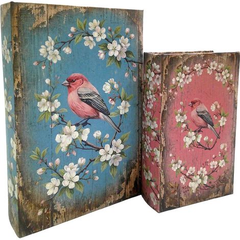 Set de 2 cajas libro de madera con pájaros azul y rosa 27 cm (1/5)