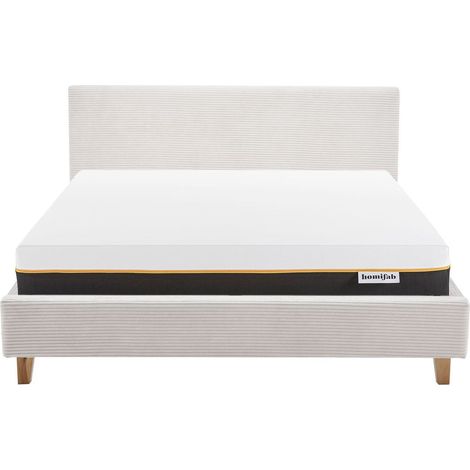 Ensemble Lit adulte 140x190cm avec tête de lit en velours côtelé beige - Milo + Matelas mémoire de forme - Dual Confort (1/5)
