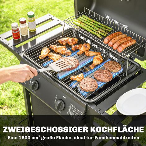 Barbecue à gaz 5 kW 2 brûleurs Chariot de grill en acier inoxydable avec table latérale, panier inférieur, couverture avant, thermomètre, grille de cuisson émaillée (1/5)