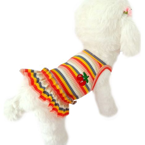 1 jupe pour chien, rayée rouge avec motif cerises brodé, en coton doux, à enfiler avec ceintures élastiques, pour petits chiens et chats (1/5)