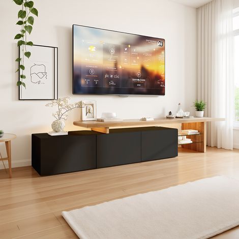 TV Lowboard mit LED und USB, TV-Schrank mit 2 offenen Fächern, modern TV - Table mit hohler Oberplatte, Für Wohnzimmer, Esszimmer und Schlafzimmer, Schwarz, 200 x 39 x 42 cm (1/5)