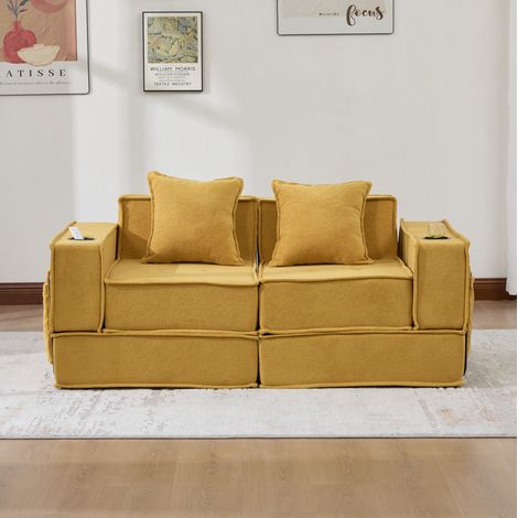 Canapé 2-Sitzer aus Chenille senfgelb 162x78x66 cm mit Seitentaschen und 2 Kissen (1/5)