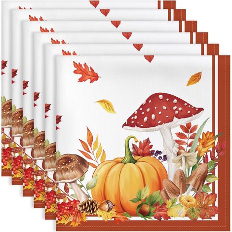 Serviettes en Coton Lot de 6 Motif Champignon 45x45 cm