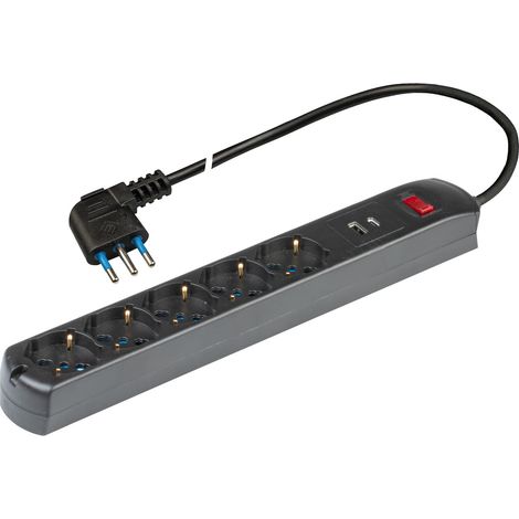 POLY POOL - PP2536.2 Ciabatta Multipresa Elettrica 5 Prese Schuko Multistandard Bivalent 10/16A + 2USB (A+C)- Spina Salvaspazio 10A - Multipresa con 1 Interruttori - Ciabatta con Interruttore Nera (1/4)