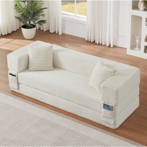 Divano letto 200 x 76 x 60 cm in velluto a coste con imbottitura in schiuma, bianco HAVRYA (1/5)