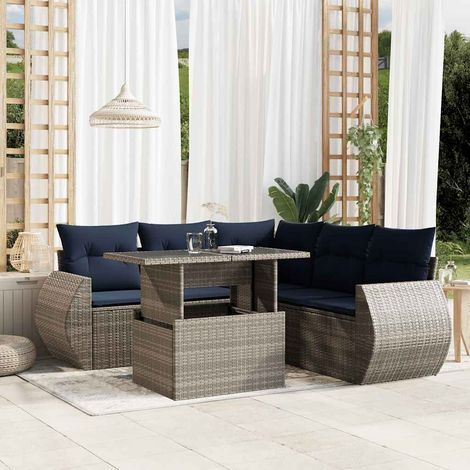 Salon de jardin 6 pièces en résine tressée, table réglable et coussins gris et bleu marine - PANGIVO (1/5)